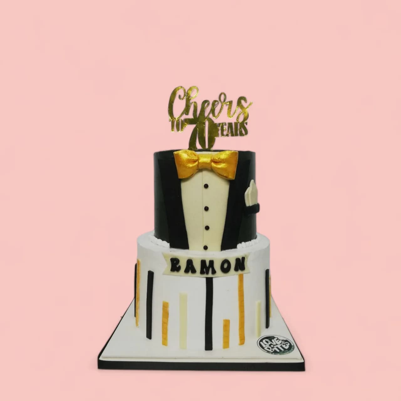 Custom Tuxedo with Gold Bow Tie-Themed Fondant Birthday Cake by Love Bites Cake Hub