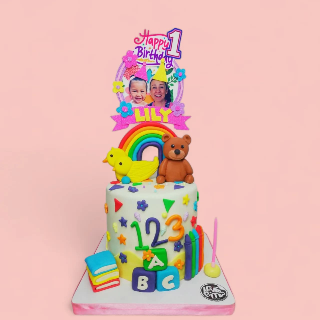 Custom Rainbow Bear and Chick-Themed Birthday Cake with Fondant Details by Love Bites Cake Hub