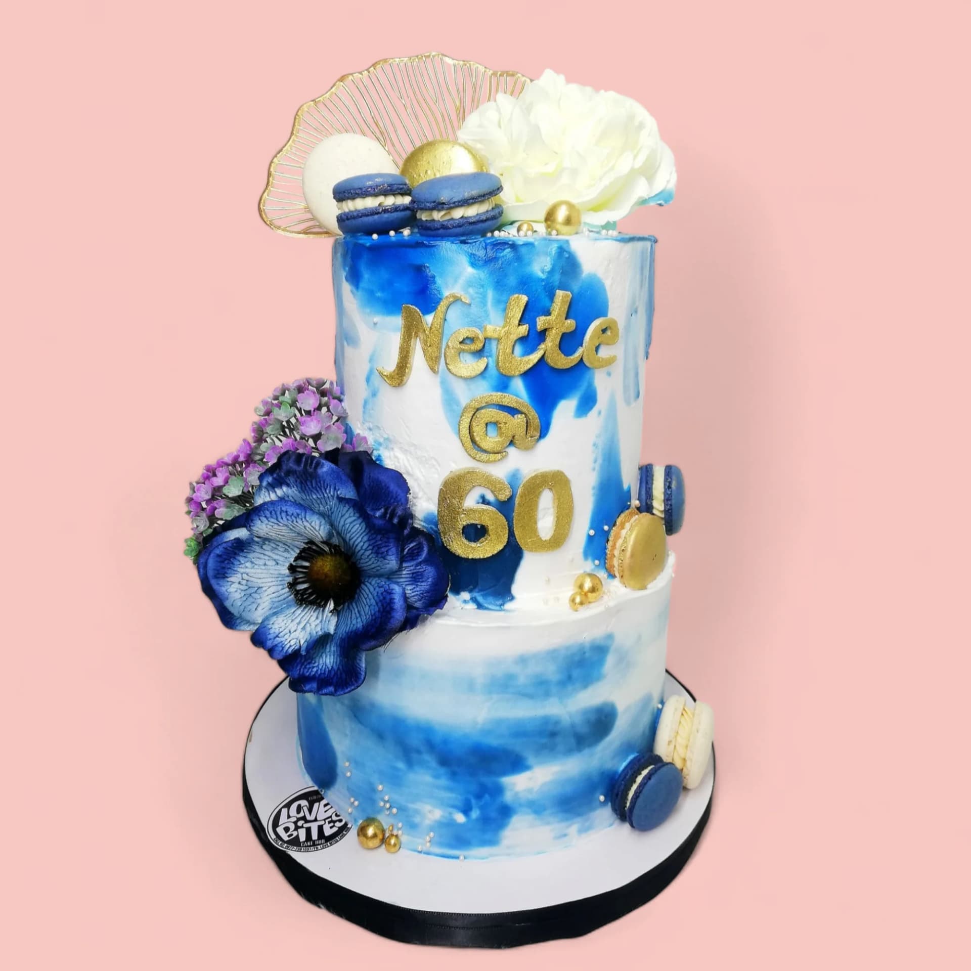 Custom Blue and White Flower-Themed Birthday Cake by Love Bites Cake Hub