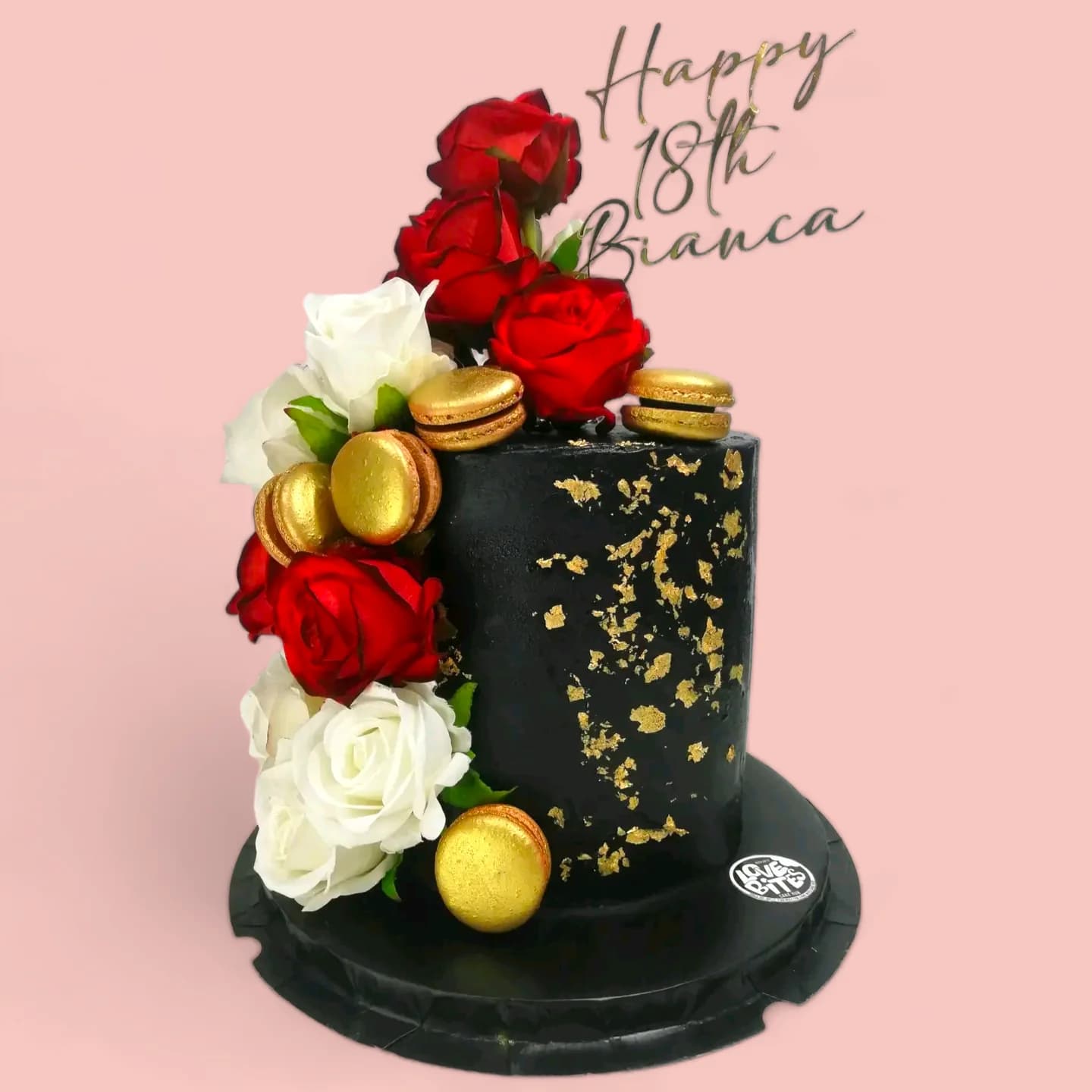 Custom Black with Red and Gold Rose-Themed Birthday Cake by Love Bites Cake Hub