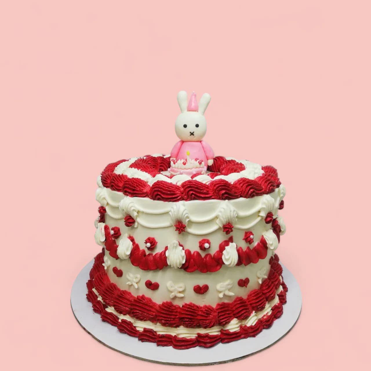 Custom Red and White Bunny-Themed Birthday Cake by Love Bites Cake Hub