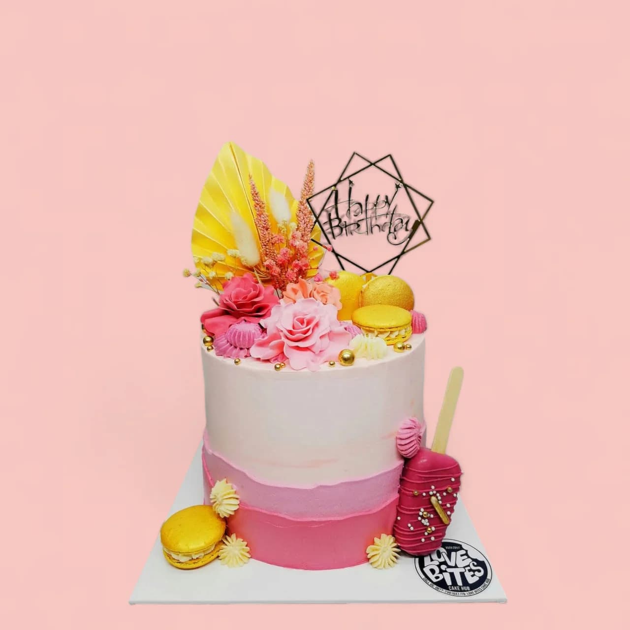 Custom Boho Pink and Gold-Themed Birthday Cake by Love Bites Cake Hub