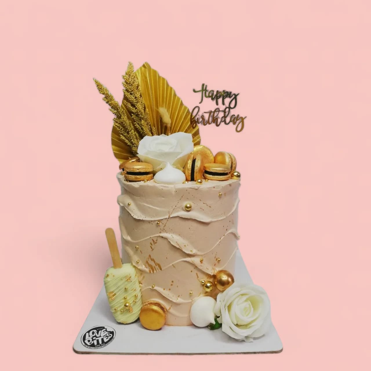 Custom Boho Beige and Gold-Themed Birthday Cake by Love Bites Cake Hub