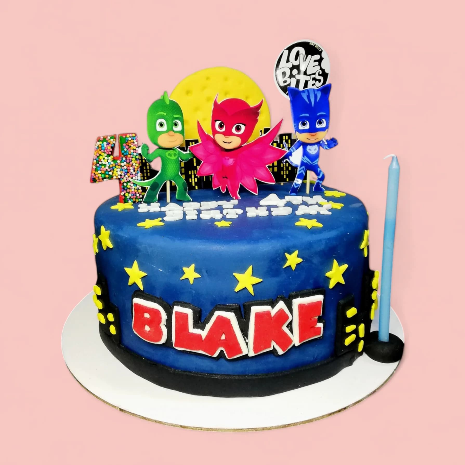 Custom PJ Masks-Themed Fondant Birthday Cake by Love Bites Cake Hub