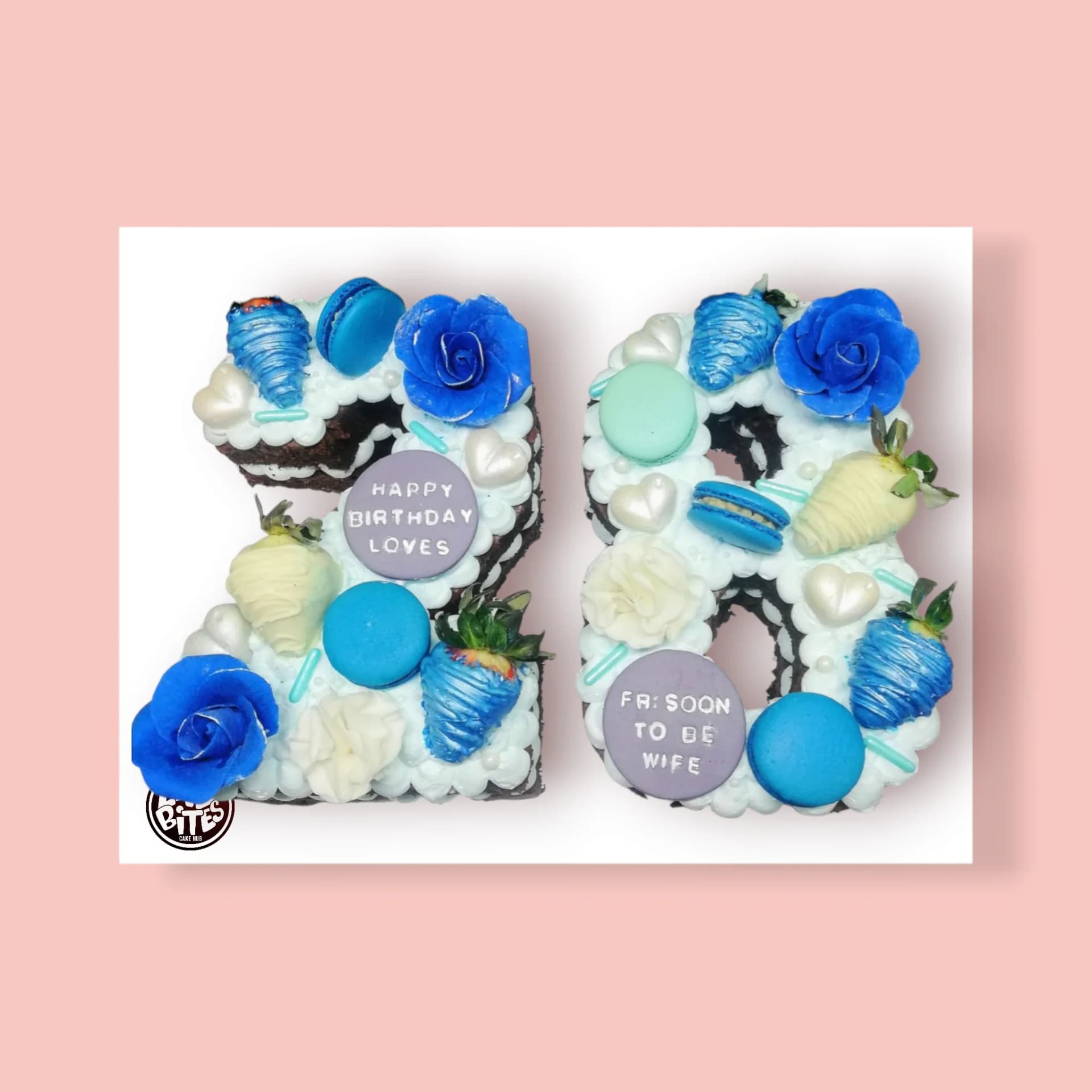 Custom Blue-Theme with Strawberry and Macaron Number Cake by Love Bites Cake Hub