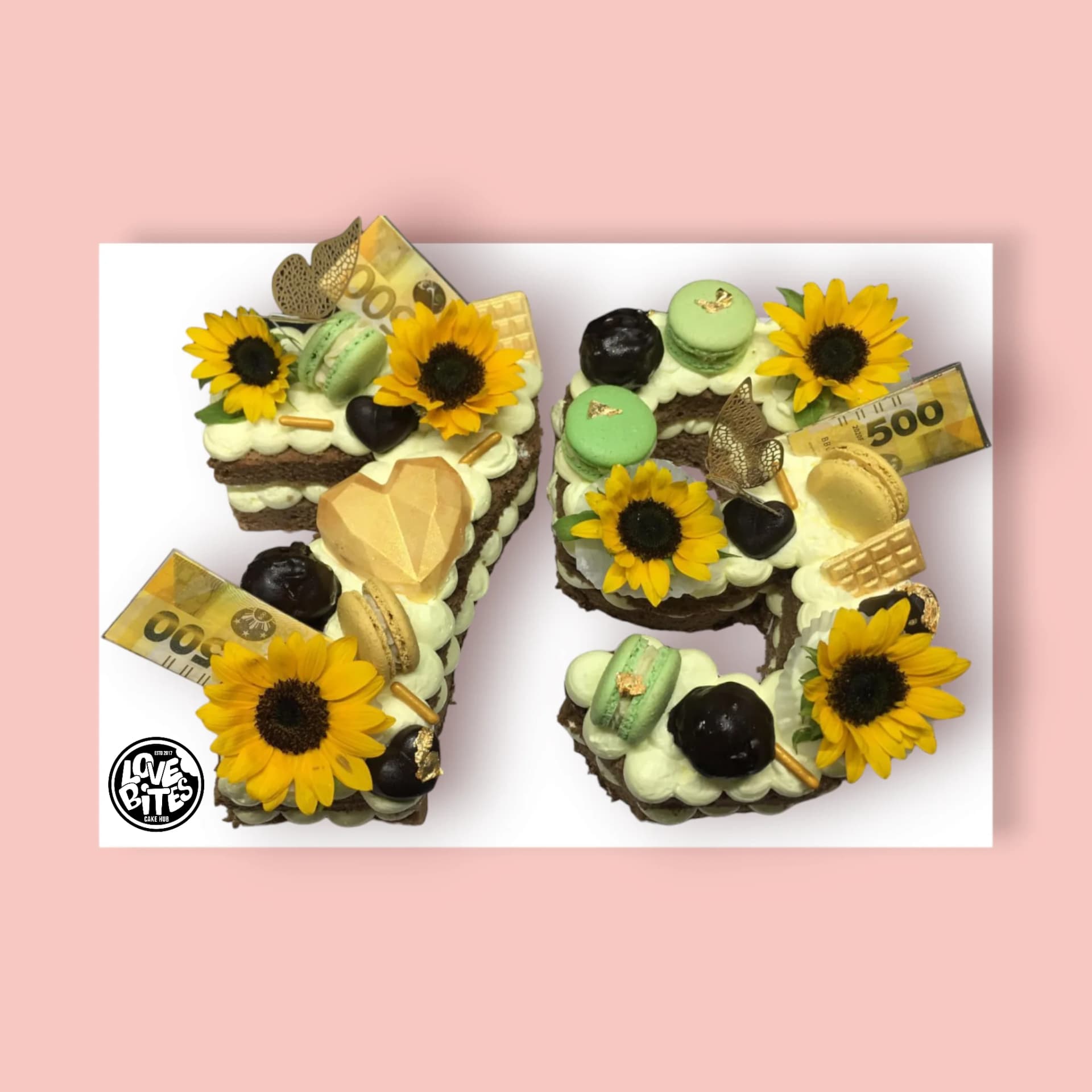 Custom Yellow-Theme with Sunflower and Chocolate Heart Number Cake by Love Bites Cake Hub